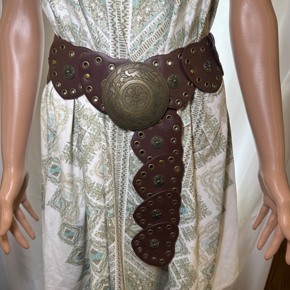 Accessories - Brown Faux Leather Wide Boho Statement Belt with‎ Ornate Medallion Buckle SM